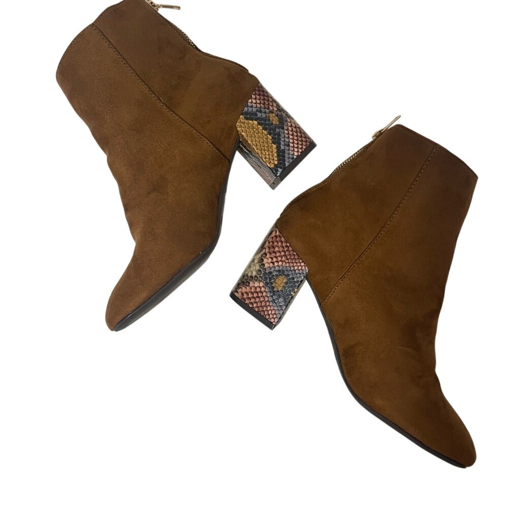 Bamboo Snakeskin Print Heel Suede Ankle Boot Block Heel Womens 8 NWT